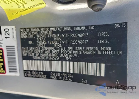 2015 Toyota Sienna Xle z USA, uszkodzony, nr VIN 5TDYK3DC3FS625954